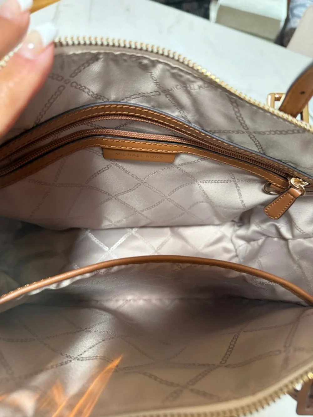 Michael Kors Cream Monogram Tote with Tan Leather Straps - Picture 3 of 14